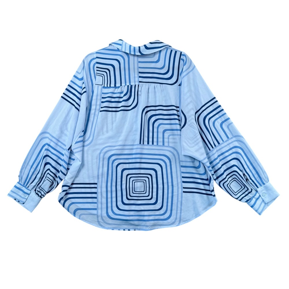 Doe and Rae Geometric Button Up Shirt Womens‎ L Blue White Modern Minimal - Picture 3 of 9